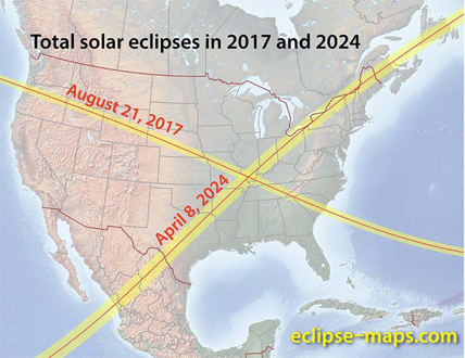 Total Solar Eclipses in 2017 and 2024 map