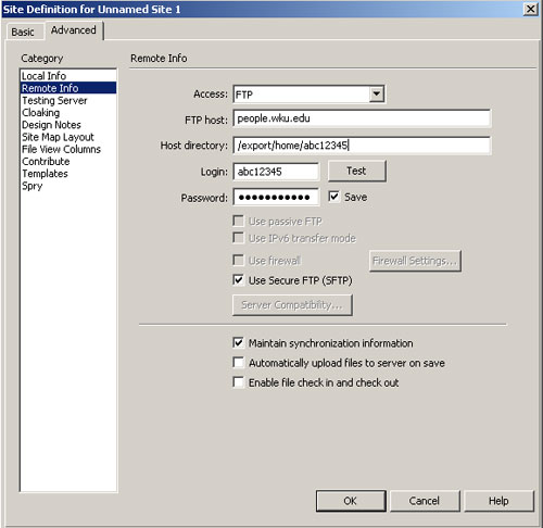 Enter your NetID username and password in the Dreamweaver site setup screen