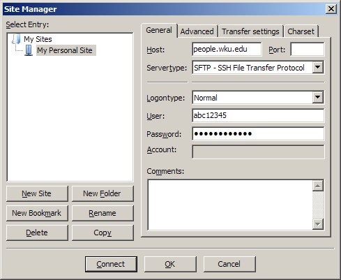 Fill out the General Tab in FileZilla