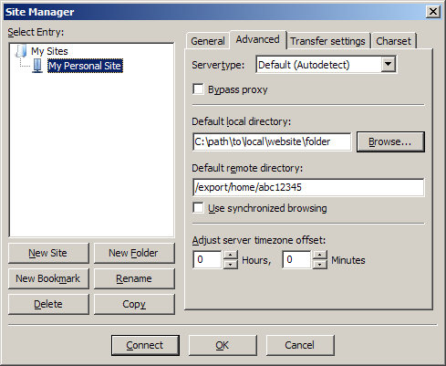 Fill out the Advanced tab in FileZilla