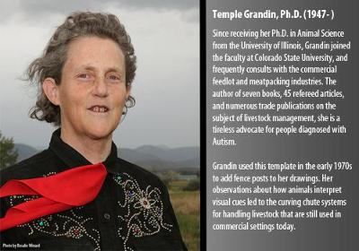 Since receiving her Ph.D. in Animal Science from the University of Illinois, Grandin joined the faculty at Colorado State University, and frequently consults with the commercial feedlot and meatpacking industries.  The author of seven books, 45 refereed articles, and numerous trade publications on the subject of livestock management, she is a tireless advocate for people diagnosed with Autism.

Grandin used this template in the early 1970s to add fence posts to her drawings.  Her observations about how animals interpret visual cues led to the curving chute systems for handling livestock that are still used in commercial settings today.
