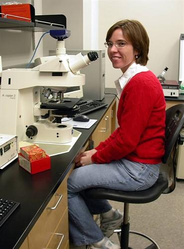 Julie Schuck examining hair cells under the Zeiss Axioplan epifluorescent microscope