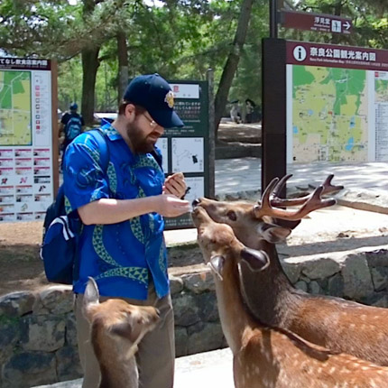 Farley feeding deer in Japan