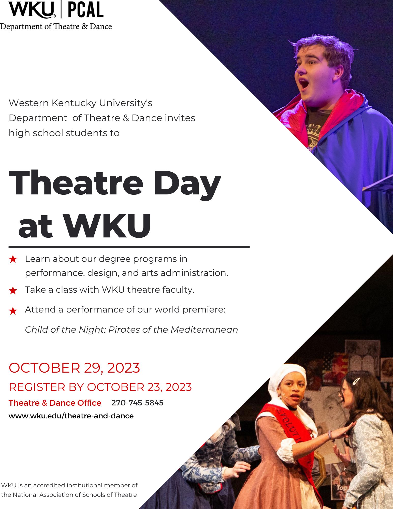 Pictures of performers from different WKU mainstage theatrical productions surround details for 2023's Theatre Day.