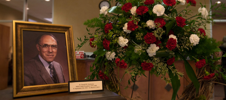 A memorial celebrating the life of former WKU President Donald W. Zacharias is on display in the lobby of WKU’s Wetherby Administration Building.  