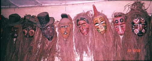 Okwanko ancestral masks in the Ndi Mba compound hall