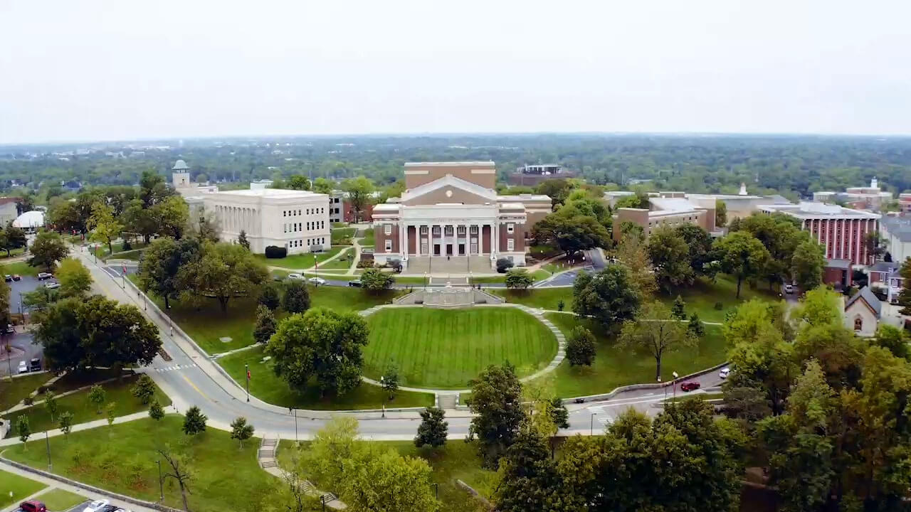 Buildings located at the top of the hill at Western Kentucky University from a drone perspective