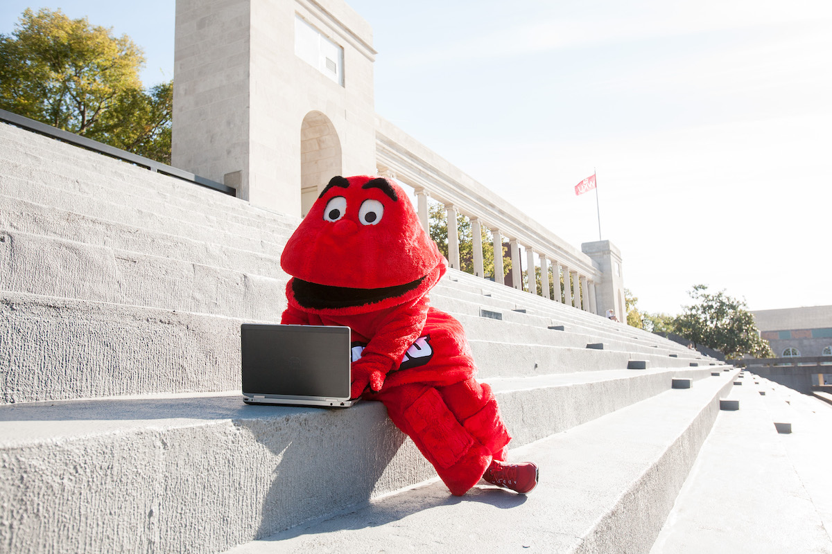 Big Red types on a laptop at the WKU Colonnades.