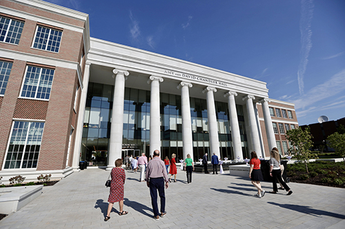 Photo of exterior before Chandler Hall ribbon cutting and dedication begins
