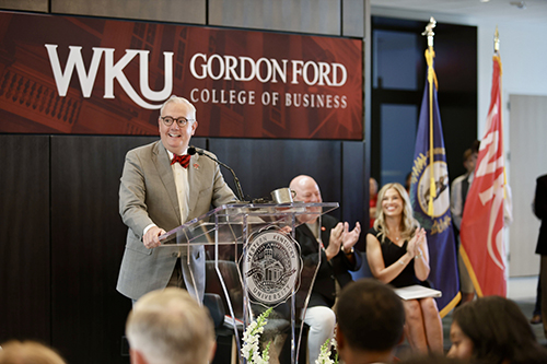 President Caboni speaking at Chandler Hall ribbon cutting and dedication begins