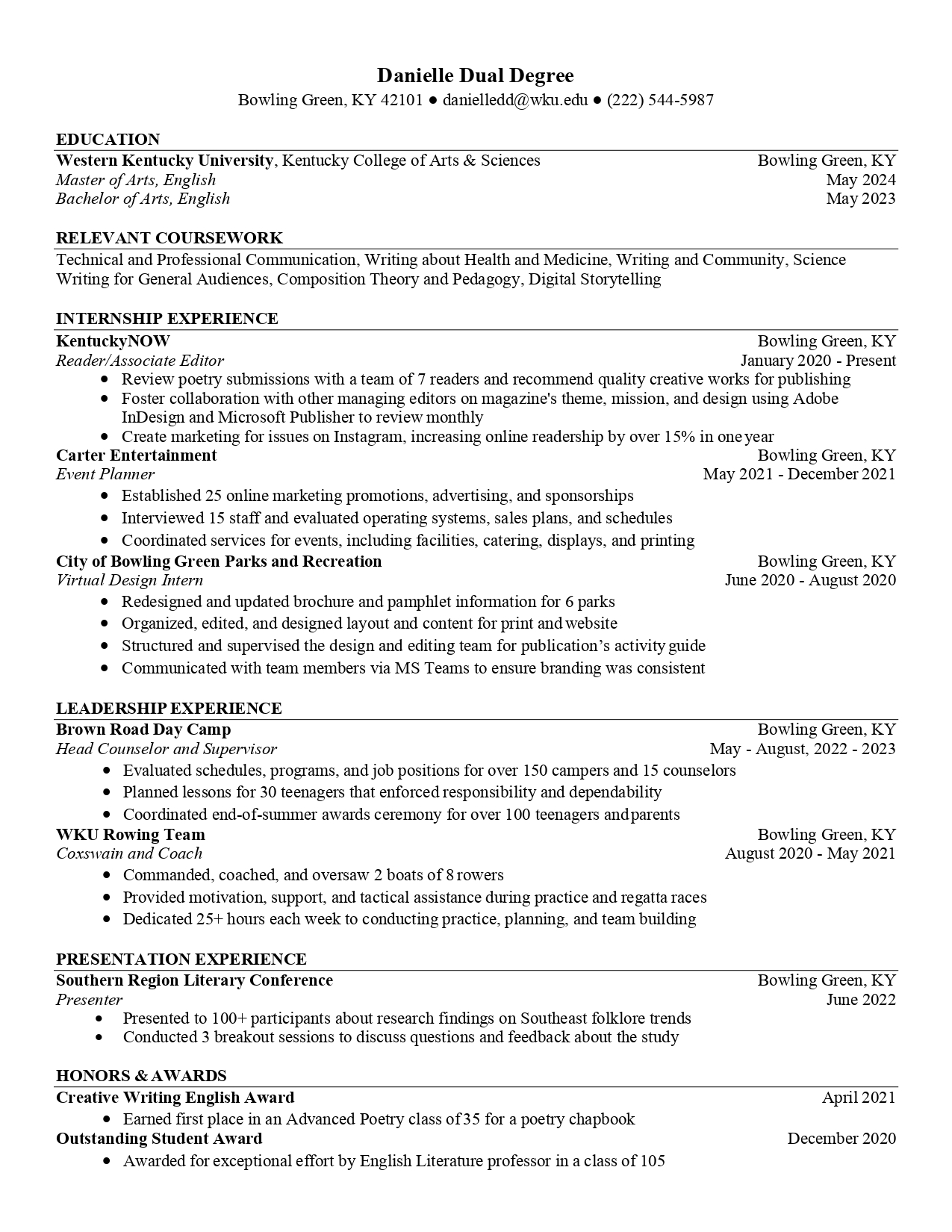 dual degree resume