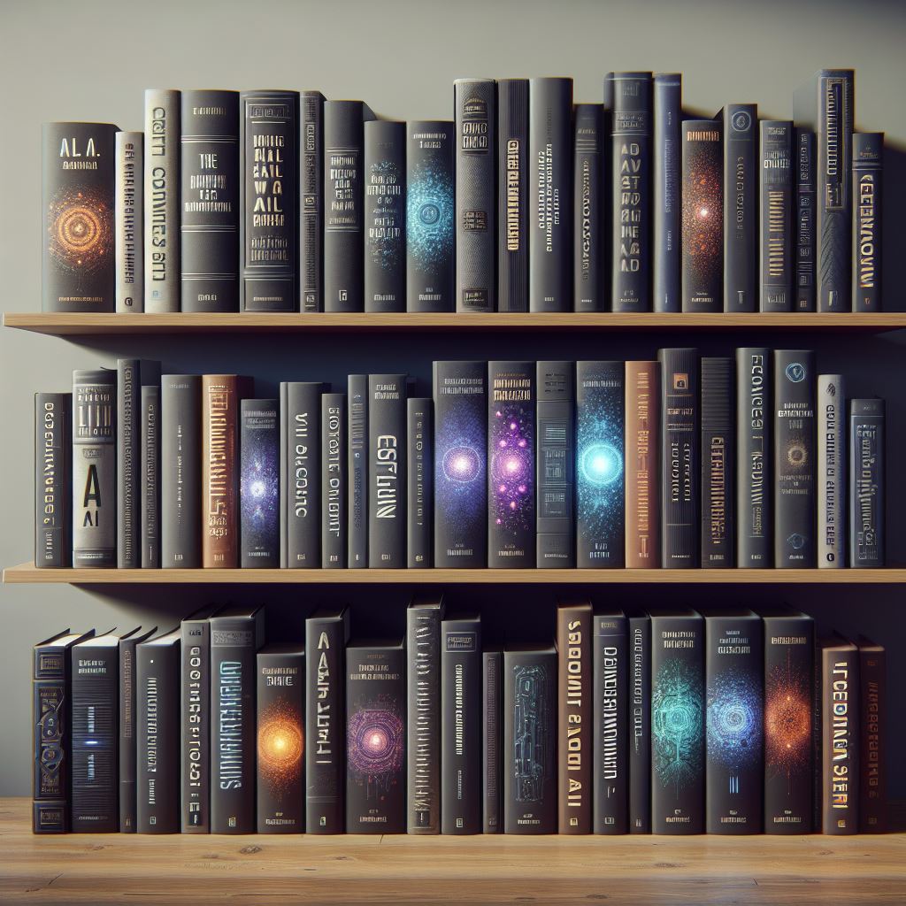 AI generated image of a bookshelf with books on it