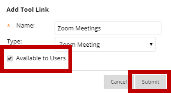 ZOOM course menu link in Blackboard