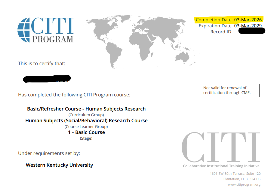 CITI Program example picture of a certification record showing a highlighted date in the top right hand corner of a completion date