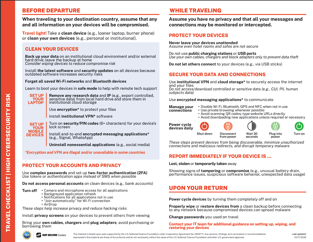 NSF high Cybersecurity travel checklist for export controls