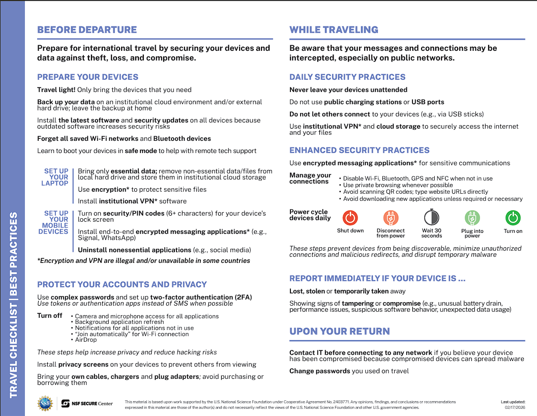 NSF Secure Travel checklist