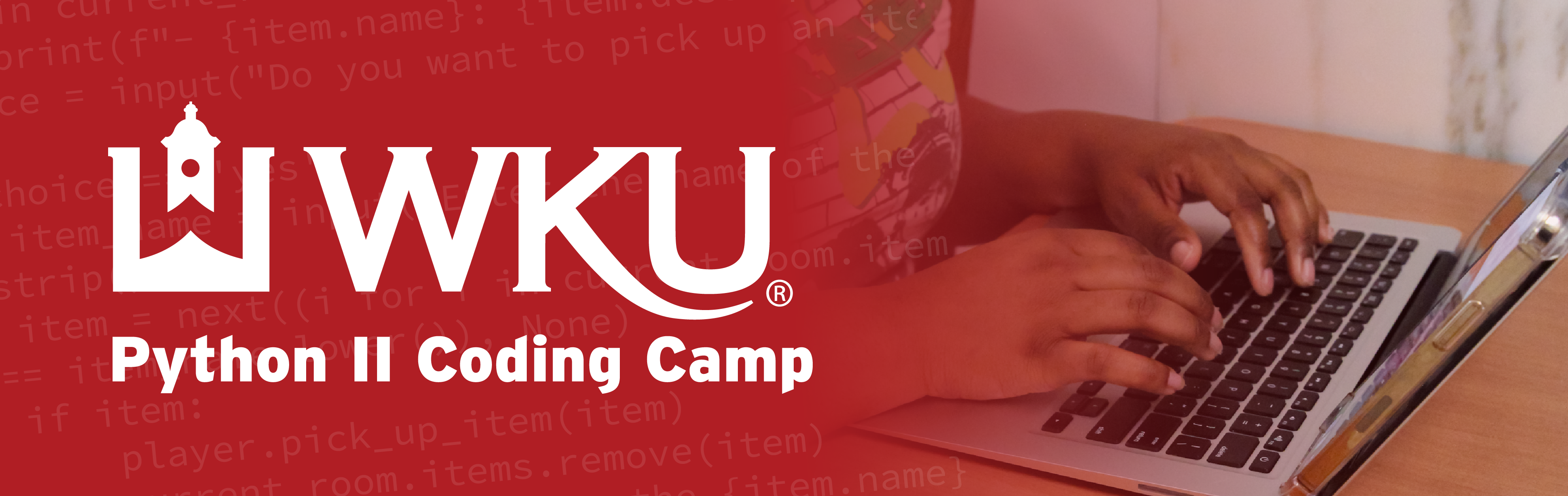 A graphic with the WKU logo that says Python II Coding Camp with a photo of a person typing on a laptop.