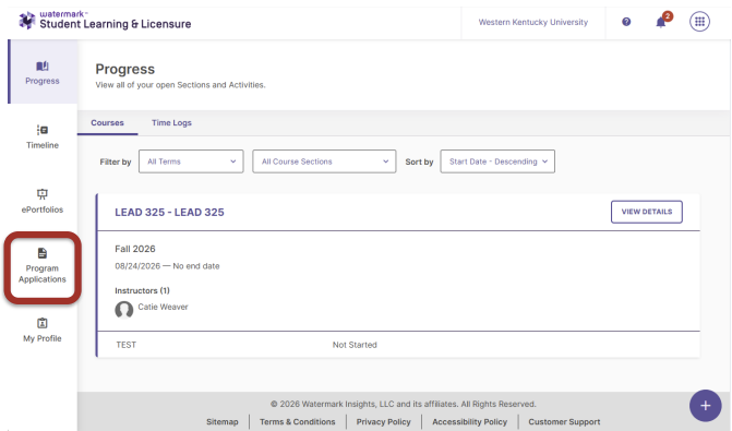 After signing in, use the navigation menu on the left side of the screen and select Program Applications.