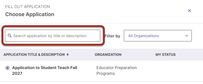 Use the search bar or list to locate the student teaching application for your term (for example, Application to Student Teach Fall 2027 under Educator Preparation Programs) and select it.