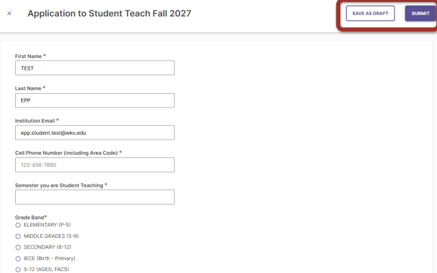 Select SAVE AS DRAFT if you need to return later. When the application is complete, select SUBMIT.