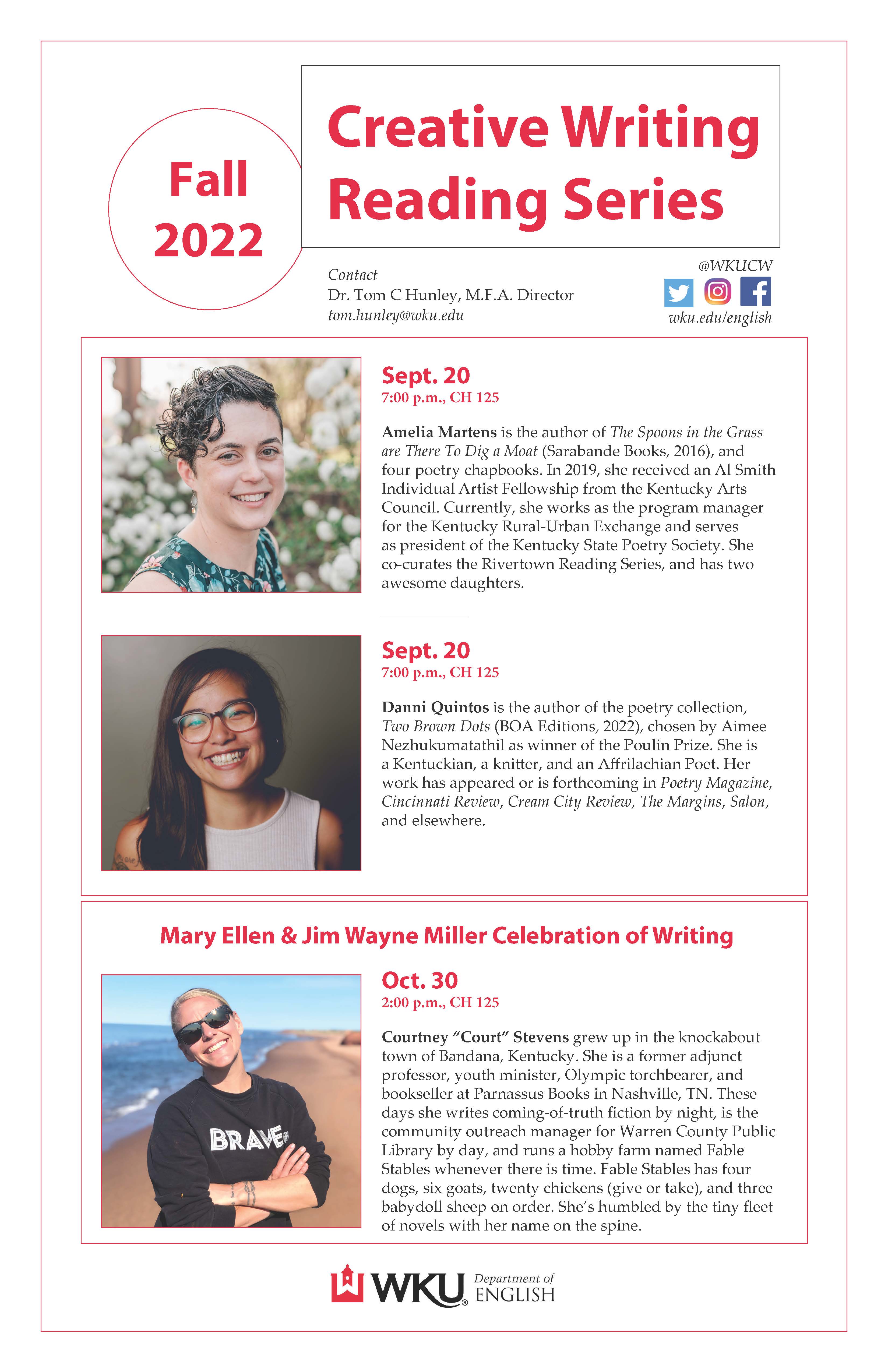 Poster for the Fall 2022 Creative Writing Reading Series. Information listed on the webpage.