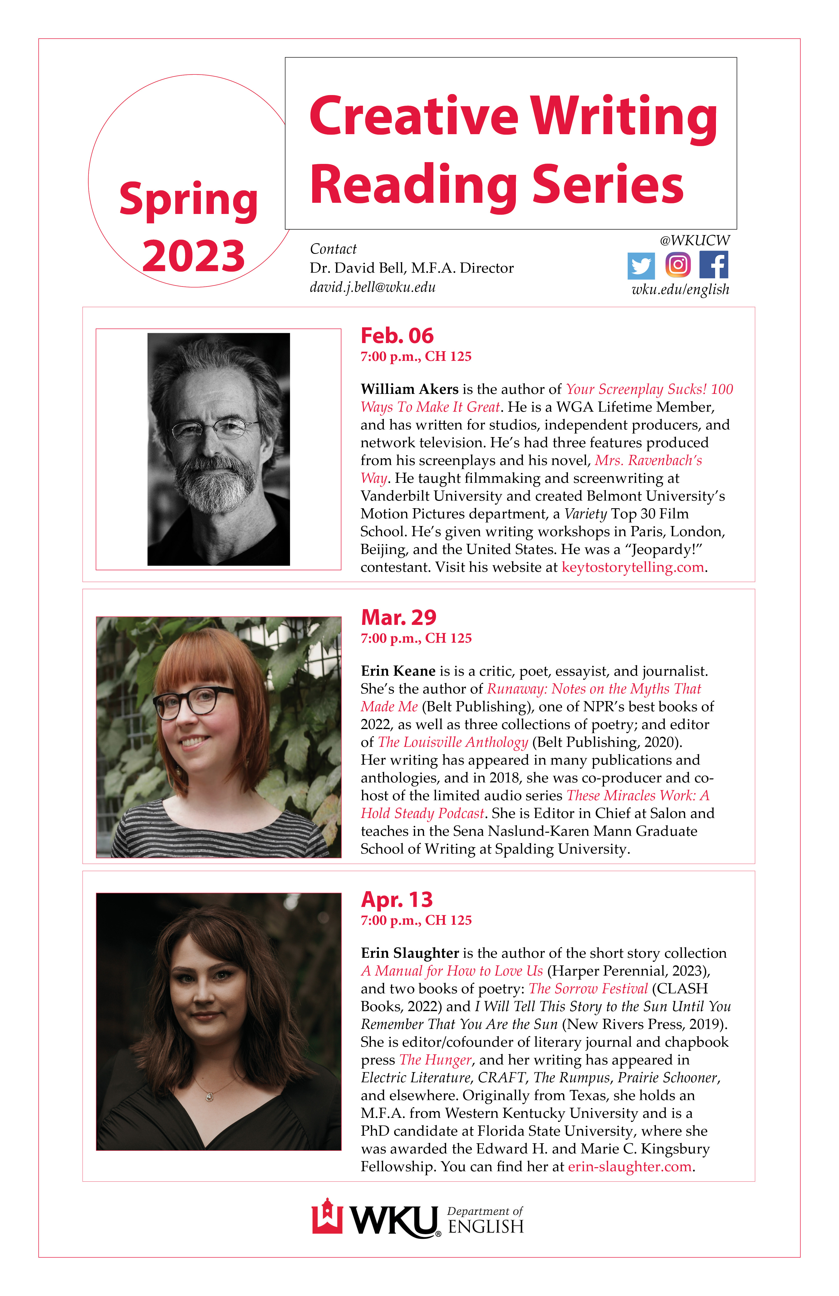 Poster for the Spring 2023 Creative Writing Reading Series. Information listed on the webpage.