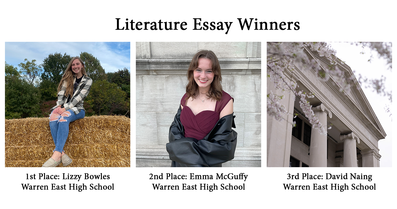 Pictures of the 2022 Literature Essay winners: Lizzy Bowles, Emma McGuffy, and David Naing
