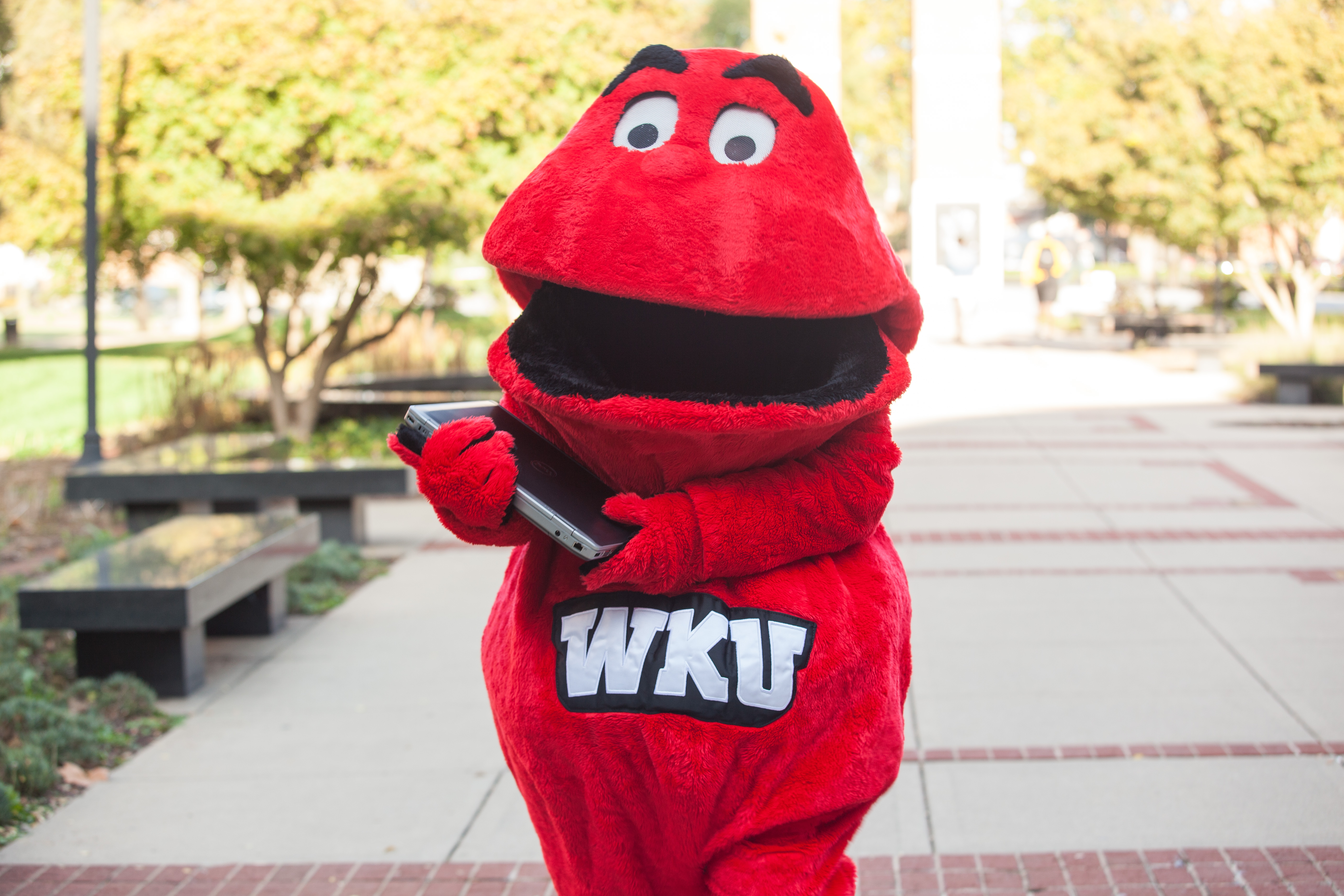 Big Red walking with laptop
