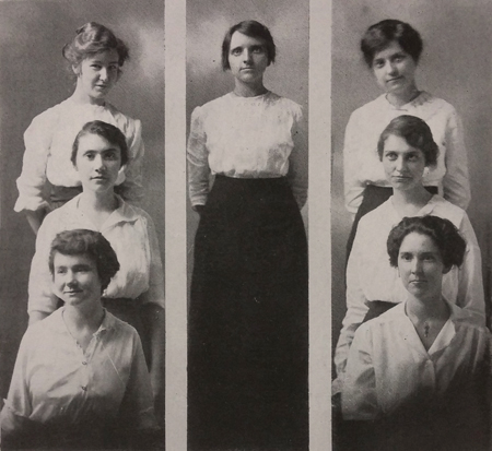 Women debaters and an orator in a 1915 Western Kentucky State Normal School photo: Mrs. W.P. White, Lottie McClure, Ruth Stephens, and Nilla Mae Hancock; Ethel Clark, Lois Cole, and Lucile Goodwin