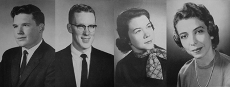 1958 Oratorical Competition winners: Ogden: Thomas T. Pogue; Robinson: Robert W. Ritchie; AAUW: Naomi Dempsey; SNEA: Mary Ruth Grise
