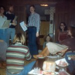 December 1978, Melayna Brown (now Tinsley), Richard Paine, Joe Cardot (grad asst) standing, seated Brent Shockley, Diana Caillouet, Vicki Cardot and Roxanne Seiler (now Cordonier) @ Forensic Union Christmas Party @ Larry Caillouet's