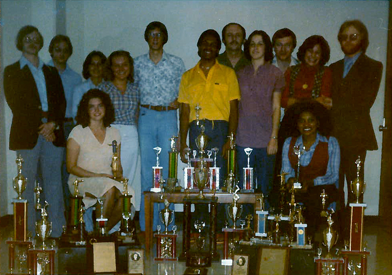 Part of the 1978-79 team: (front l-r) Melayna Brown (now Tinsley) and Tuwanda Coleman (now Shaw); (standing l-r) Joseph Cardot (grad asst), Terry Barnes, Kathy (office sec.), Roxanne Seiler (now Cordonier), Scott Miller, Archie Beck, Steve Johnson, Janet Hill, Orin L. Harwood, Carla Patterson (now Reagan) and Richard E. Paine