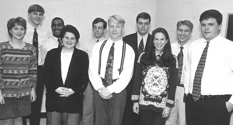Partial 1994-95 WKU forensic team photo: Korisa Ballou, Adam Black, Chris Fleming, Amy Sparks (Fitzpatrick), Andy Spears, Chris Chandler, Doug Mory, Angela Hamblen, Robert Mattingly, and Bill Thompson