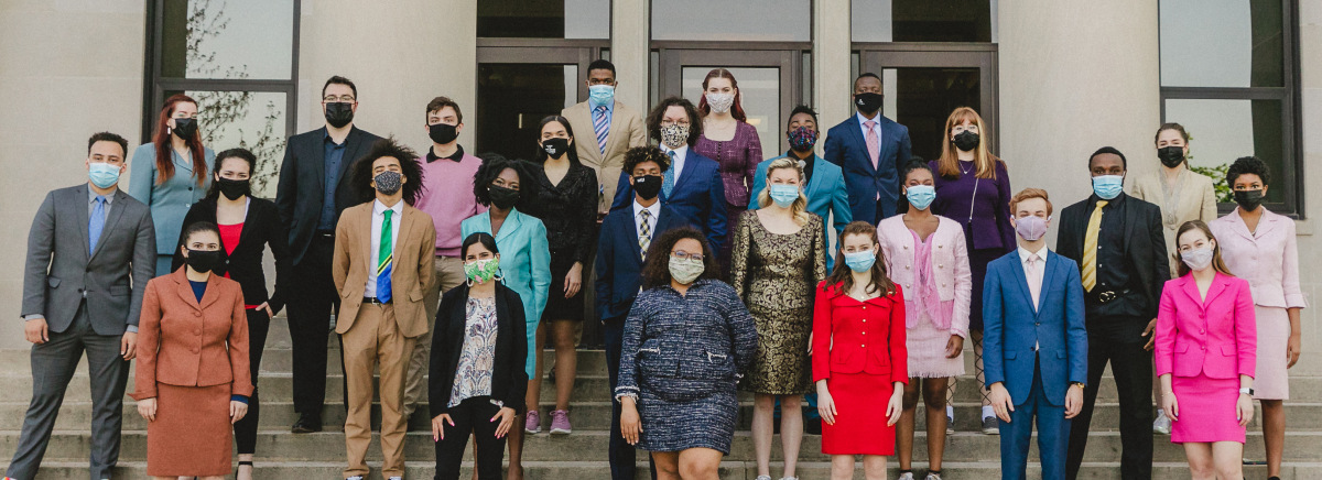 2020-21 WKU Forensic Team standing in front of VanMeter Auditorium wearing masks