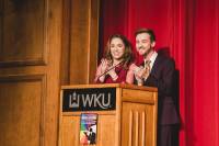 Reese Johnson (’22) and Corey Newsome (’21) hosting the 2019 Queer & Here Showcase