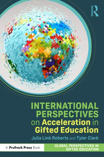 cover of International Perspectives on Acceleration in Gifted Education that is blue with a multicolored globe