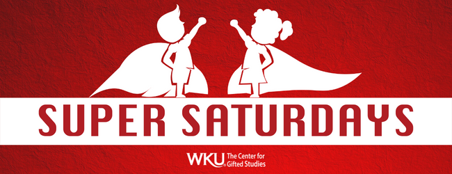 Super Saturdays Logo of two superheros, a boy and a girl with capes,standing on top of a long white rectangle that says Super Saturdays. There is a vibrant red background behind them. 