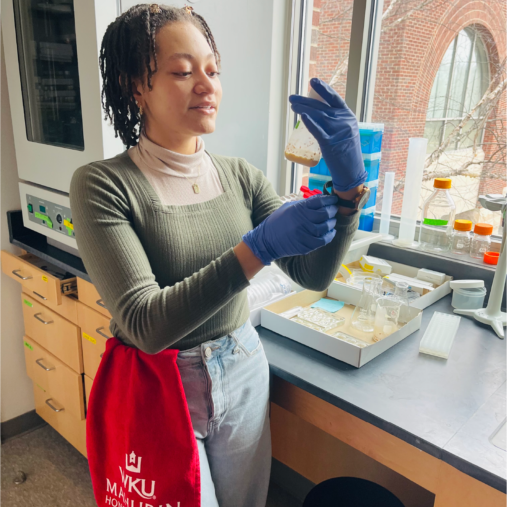 A WKU honors student puts on a glove in a lab.