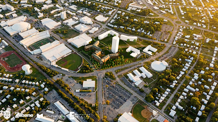 aerial rendering of wku's newest residence hall around existing campus buildings