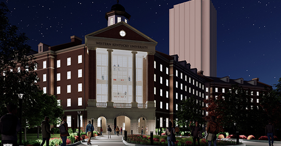 New hall exterior entry at night