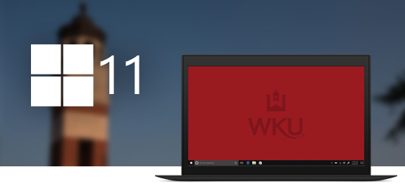 Windows 11 logo and a laptop over an image of WKU Campus