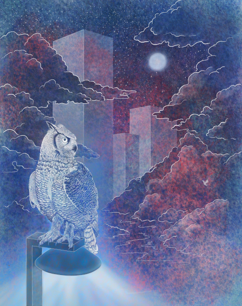Illustration of data charts with owls and clouds