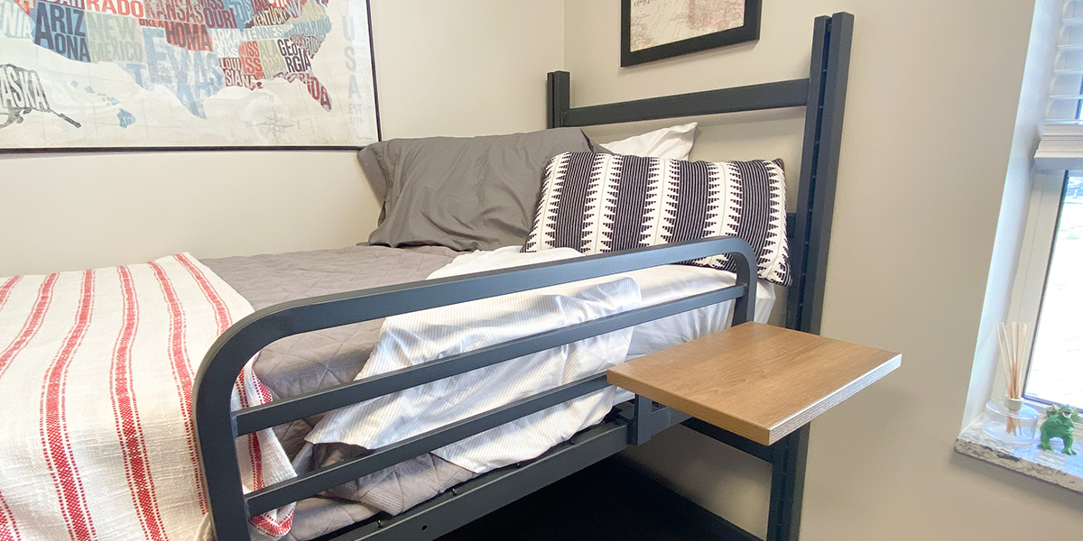 Floating shelf and bedrail on bed frame