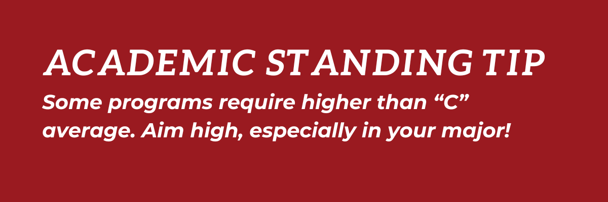Academic Standing Tip: Some programs require higher than a "C: average. Aim high, especially in your major!