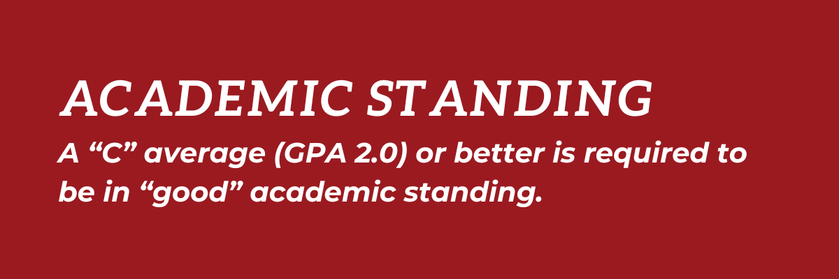 Academic Standing: A "C" average (GPA 2.0) or better is required to be in "good" academic standing.