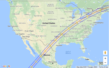 A map showing the track of the total solar eclipse of April 8, 2024