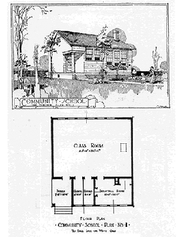 The school followed the plan shown for a one-teacher school. The schoolhouse had a 22' x 30' classroom, two cloakrooms, and one community room. Six windows in the rear side of the school provided light for the students. The Rockfield school sat on 2 acres of land. (From Rosenwald Schools in Kentucky, 1917-1932 by Alicestyne Turley-Adams, 1997)