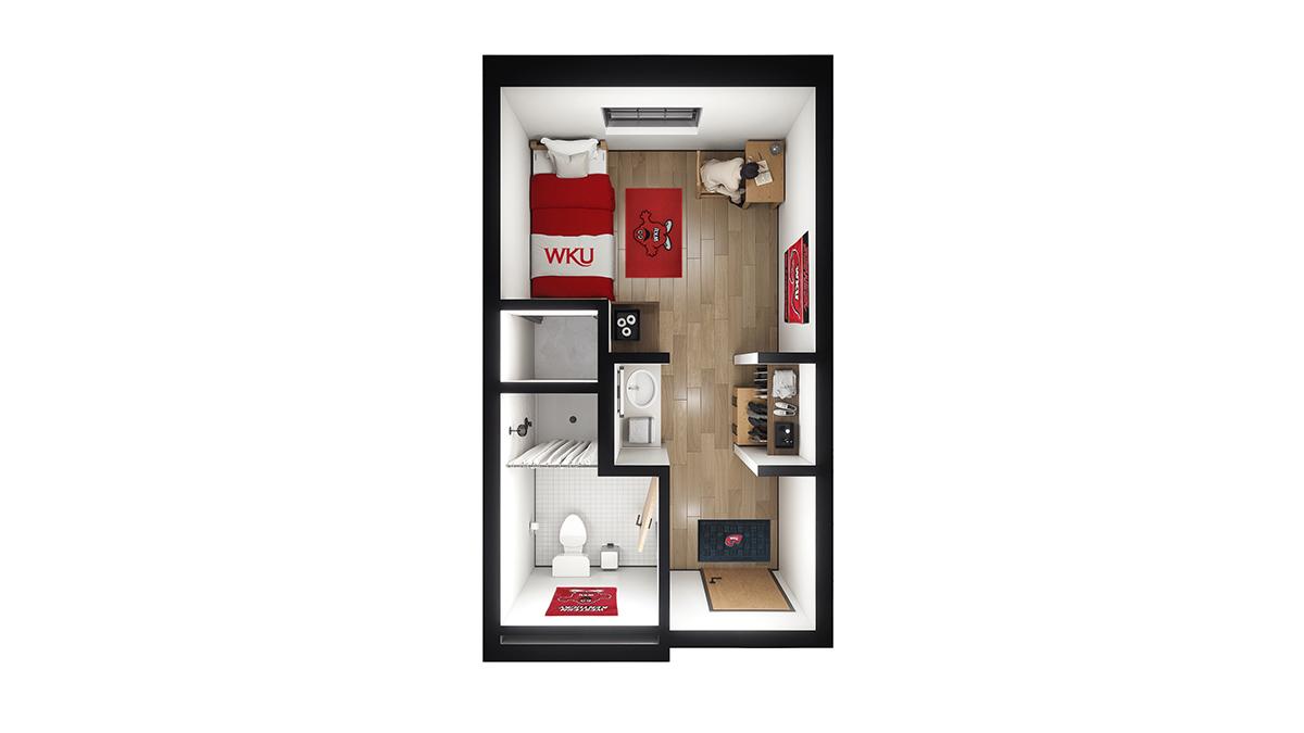 Interior room rendering of WKU's new 1,000-bed residence hall, opening fall 2028. Private hotel-style configuration. 