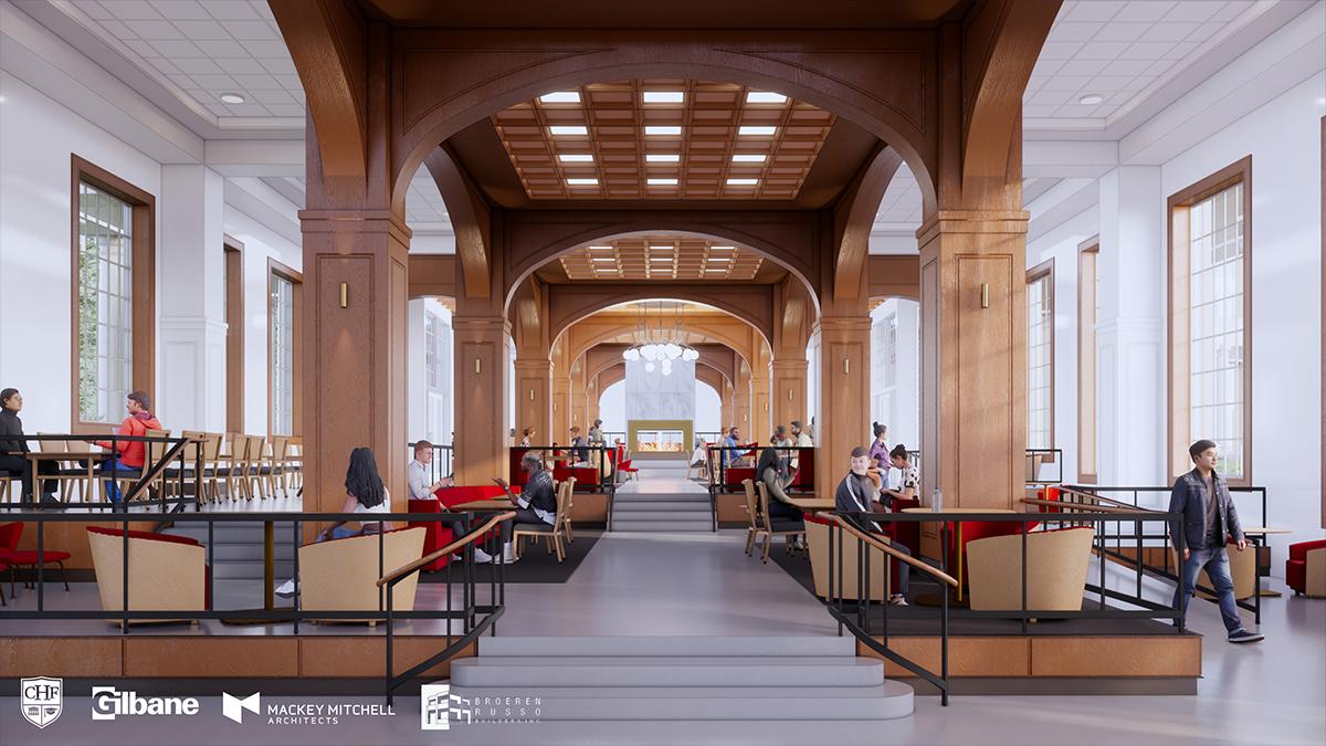 Interior rendering of WKU's new 1,000-bed residence hall, opening fall 2028. Viewpoint from the great hall. 