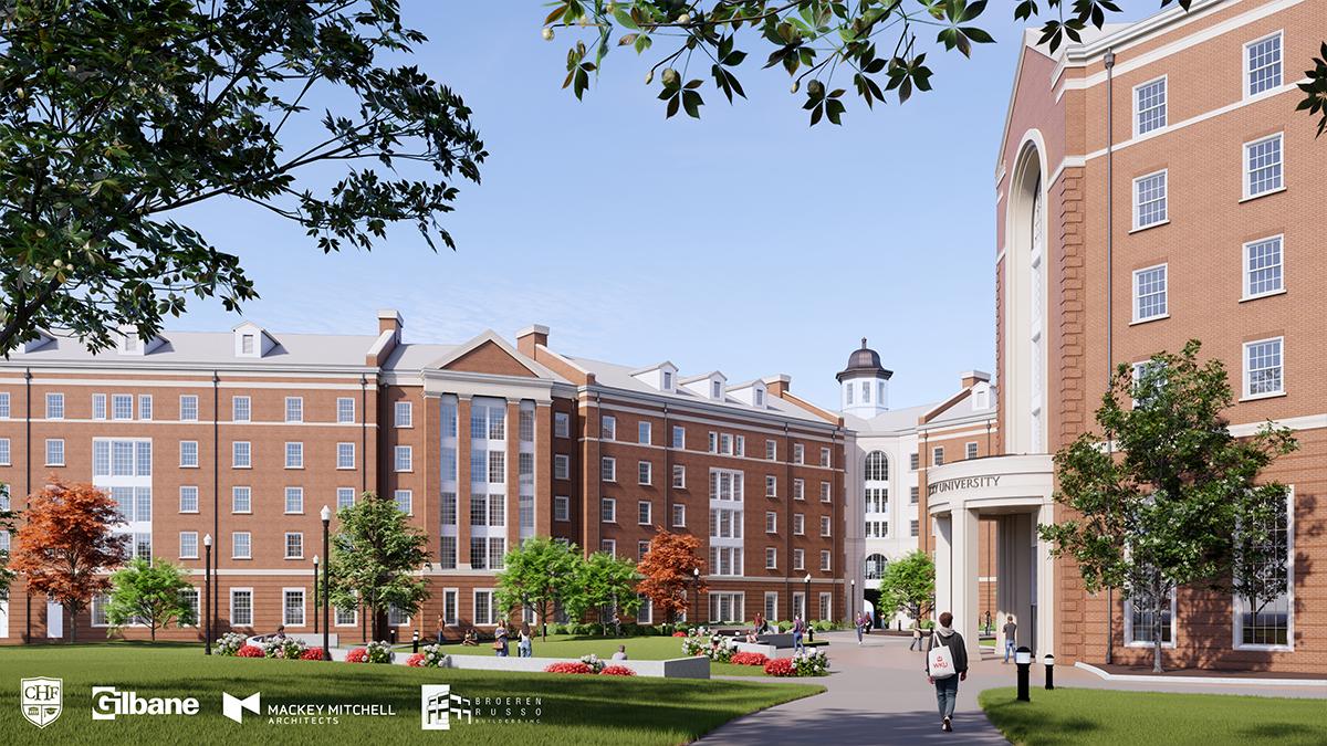 Exterior rendering of WKU's new 1,000-bed residence hall, opening fall 2028. Viewpoint of exterior entry from the First Year Village lawn. 